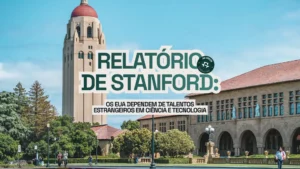 Relatório de Stanford: os EUA dependem de talentos estrangeiros em ciência e tecnologia — arte com a torre Hoover e o campus da Universidade Stanford