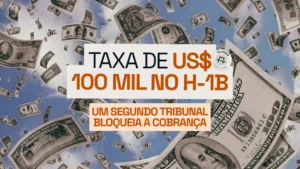 Taxa de US$ 100 mil no H-1B: um segundo tribunal bloqueia a cobrança — arte com notas de dólar caindo do céu
