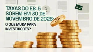Taxas do EB-5 sobem em 30 de novembro de 2026 — arte com pilhas de moedas douradas