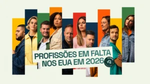 Profissões em falta nos EUA em 2026 — mosaico de retratos de profissionais com o título do artigo