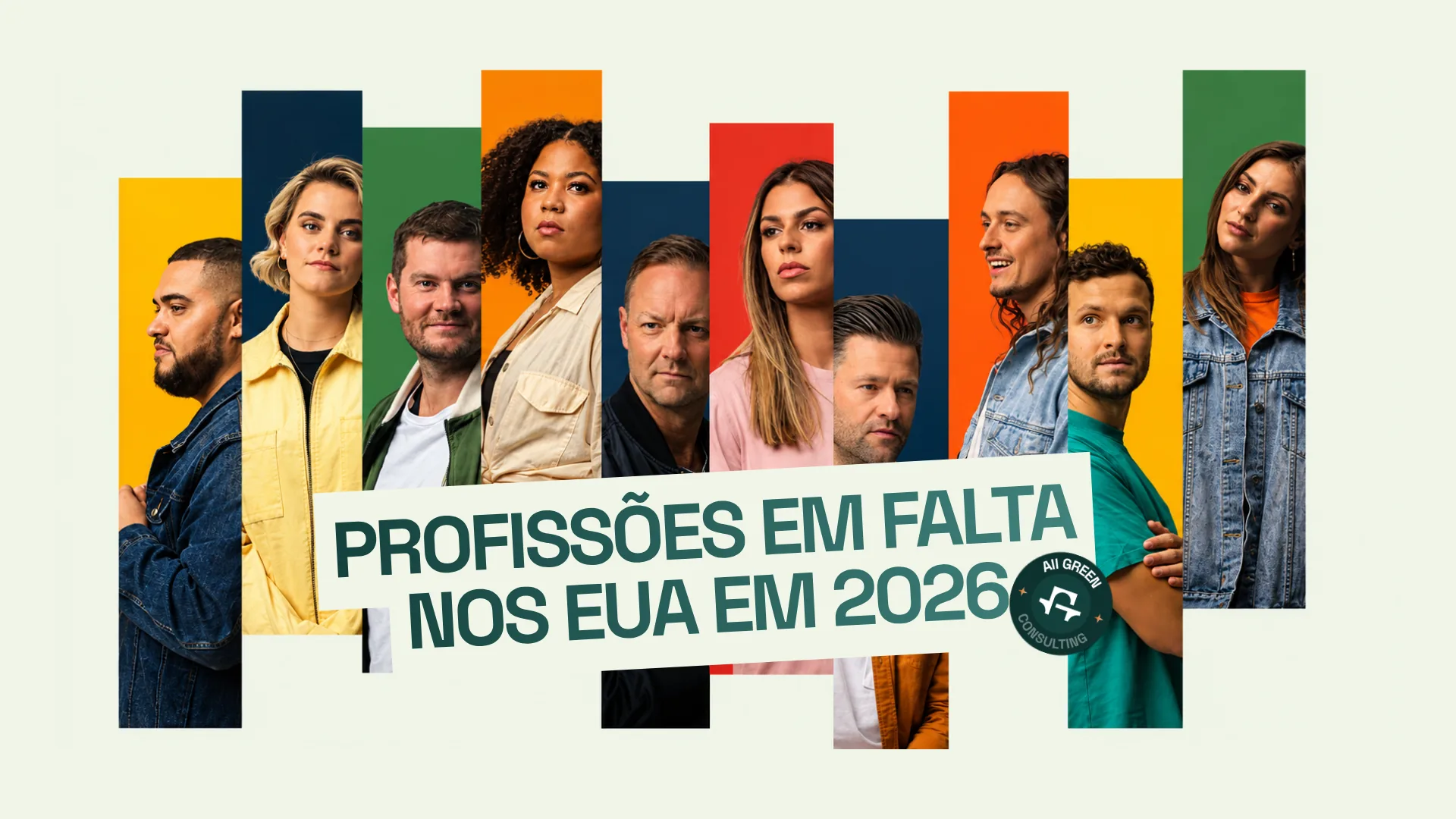 Profissões em falta nos EUA em 2026 — mosaico de retratos de profissionais com o título do artigo
