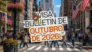 Visa Bulletin de outubro de 2026 — arte com rua de Nova York e bandeiras dos EUA